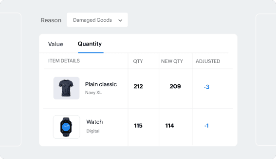 Zoho Books shows various inventory reports like inventory summary, committed stock details, inventory valuation, FIFO cost lot tracking, and inventory aging summary. Inventory valuation report is highlighted with a section visible.